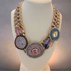 Chunky Gold Chain Beaded Statement Necklace Pastel Medallion Bib Boutique